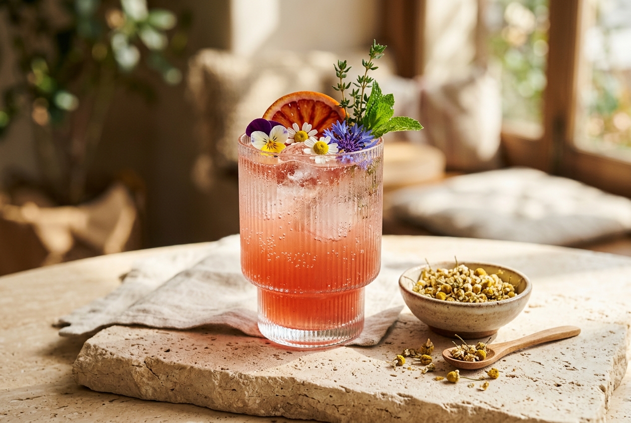 Botanical sparkling infusion mocktail with citrus and edible herbs