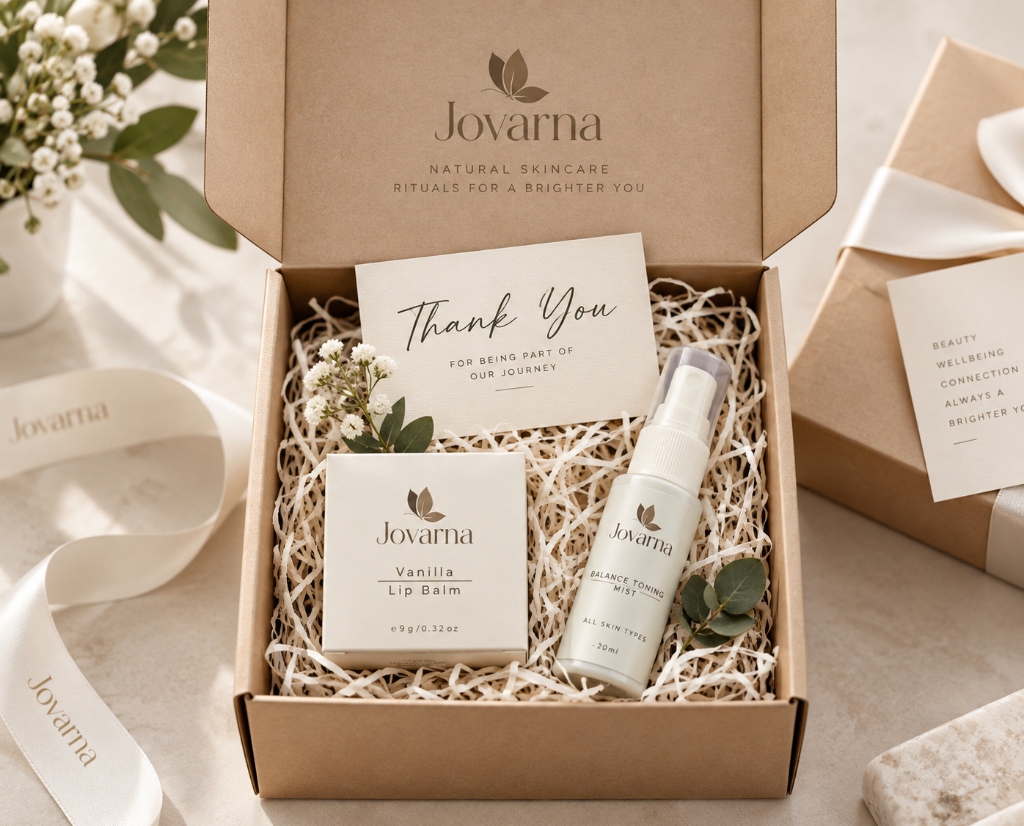 Jovarna thoughtfully curated corporate gifting box featuring Balance Toning Mist and Vanilla Lip Balm in luxury presentation with thank you card